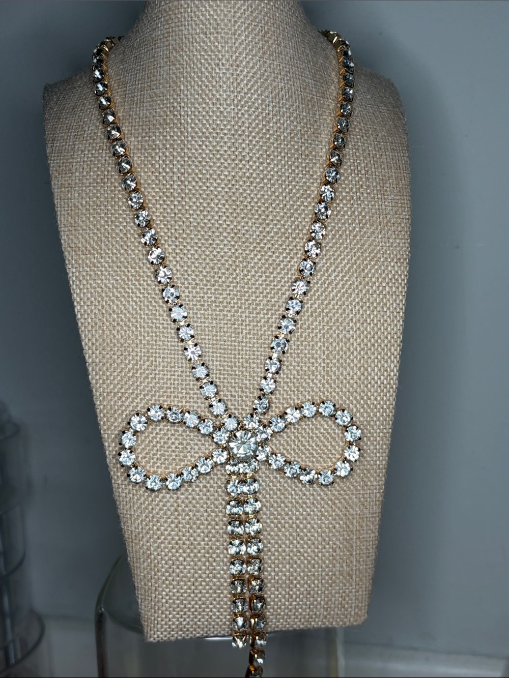 Crystal Bow Pendant Necklace - Gold Tone with Clear Stones